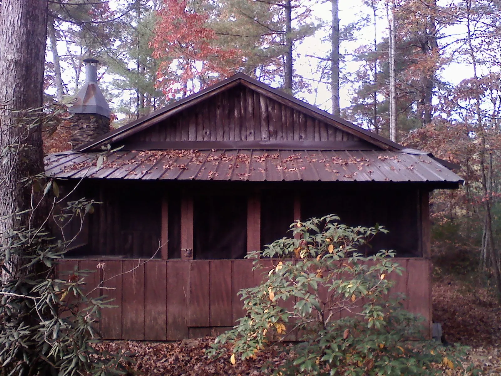 Metal roof over the screened porch of a rustic cabin in Bremen